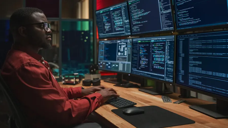 A Germaine Training Institute computing student working at a multi-screen developer workstation